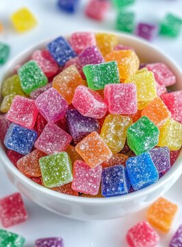 Colorful square gummies in a bowl