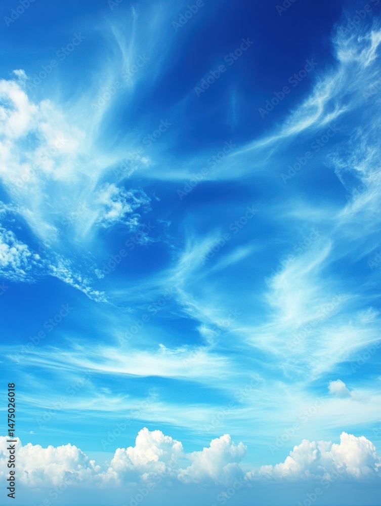 Poster upward view of cirrus clouds in a clear blue sky during daytime with fluffy cumulus clouds below in 