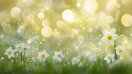 Springtime daffodils in a field of dewy grass, bathed in warm, golden light with sparkling bokeh