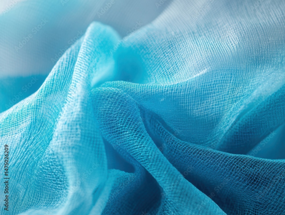 Poster close-up of turquoise fabric with delicate weave and soft folds creating abstract texture and light 
