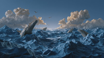 Vast origami ocean with folded paper waves and giant breaching whales under tissue cloud sky, surreal minimal style
Generative AI