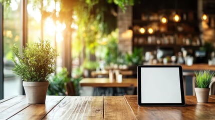 A sleek tablet rests on a rustic wooden table in a modern cafe setting, illuminated by natural light, showcasing the blend of technology and a relaxed atmosphere.