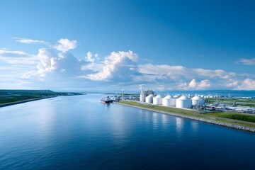 Obraz premium Aerial view of industrial tanks alongside a river under a bright blue sky with fluffy clouds, symbolizing productivity.