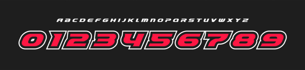 Obraz premium Bold racing alphabet, italic fast typeface, modern slanted logo font, dynamic speed typography, motorsport number design, adrenaline branding style, performance-driven visuals. Vector typeset