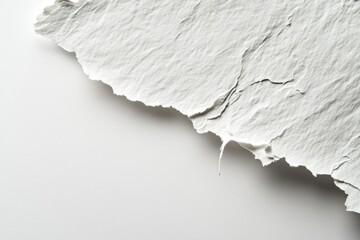 Close-up of a ripped piece of textured white paper, showing a torn edge and uneven surface.  Cracks and folds are visible
