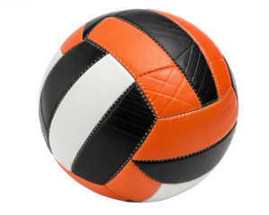 Close up view of an orange black and white volleyball against a plain white studio background on transparent background