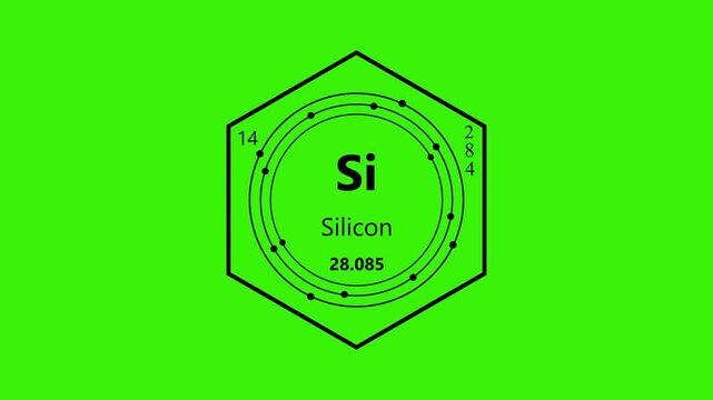 silicon chemical element periodic table on background, animated periodic table.Shows name, atomic weight and element number.