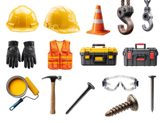 Construction tools and equipment PNG set on transparent background