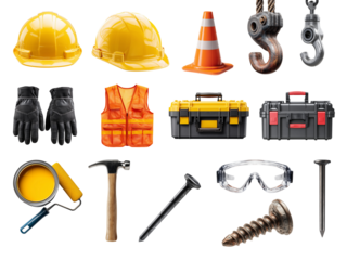 Construction tools and equipment PNG set on transparent background