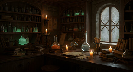 A Mystic Alchemist's Laboratory: Elixirs, Candles, and Ancient Scrolls Illuminate a Room Steeped in History and Mystery.