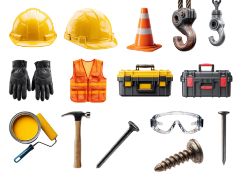 Construction tools and equipment PNG set on transparent background