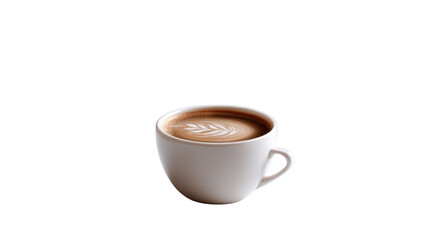 Obraz premium Aromatic Brew: A captivating cup of latte features meticulously crafted foam art, elegantly presented in a pristine white cup, representing the essence of a perfect beverage.