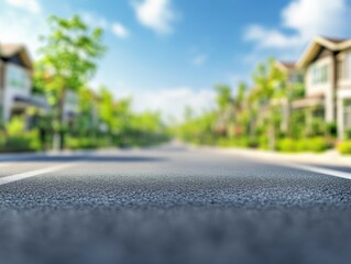 Asphalt road leading into blurred suburban neighborhood on sunny day low angle view in residential community
