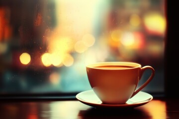 Obraz premium Steaming Coffee Cup on Table by Window with Bokeh Lights at Night Close Up Warm Drink Relaxation