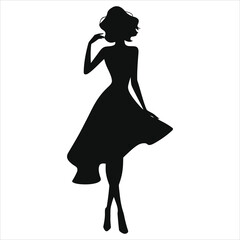 Vector Silhouette of a Woman in a Flowing (Asymmetrical hem) Dress/A sophisticated silhouette of a woman wearing a stylish dress.