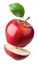 Flying Red Apple Fruits with Half Slices and Transparent Background