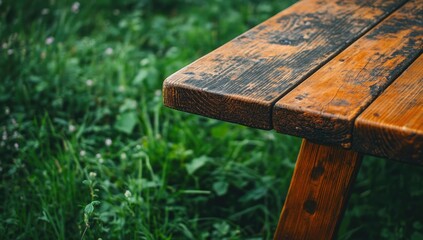 Fototapeta premium Wooden table corner on a grassy outdoor setting. Rustic, weathered table top