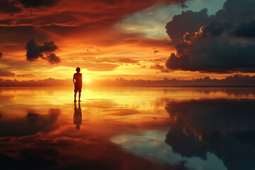 Silhouette Of Person At Sunset Beach Reflection In Calm Ocean Water