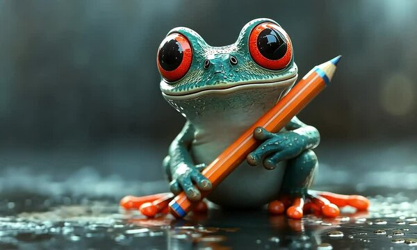 Cute frog with a pencil