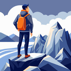 Fototapeta premium Hiker Contemplating Majestic Mountain Range View