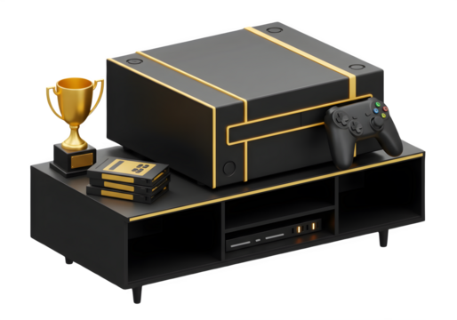 Gold trophy and gaming console on a black entertainment center. A winning setup! Isolated on white or transparent background