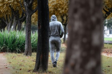 Fototapeta premium Person walking in a park during autumn with trees and foliage