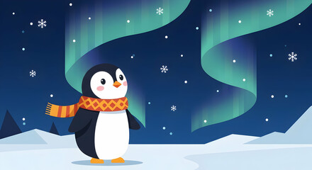 Fototapeta premium Adorable Penguin Watching the Magical Northern Lights Winter Wonderland Cute Cartoon Illustration