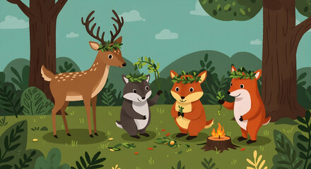 Naklejka premium Cute forest animals celebrating nature friendship deer fox raccoon woodland wildlife cartoon illustration