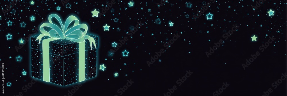 Poster glow-in-the-dark present illustration with sparkling stars against a deep night sky backdrop creatin