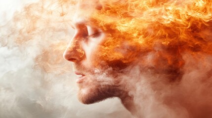 Obraz premium A striking portrait of a man with flames and smoke surrounding his head, symbolizing passion, intensity, and creativity in a visually stunning and artistic representation.