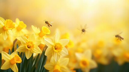 Fototapeta premium Vibrant Daffodils in Bloom with Bees Buzzing in Sunny Meadow