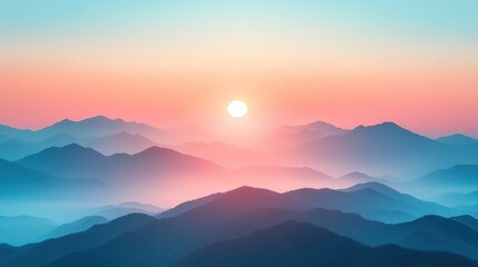 Pink sunrise over misty mountain range; serene landscape, ideal for travel or nature themes