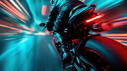 A striking image of a motorcycle speeding through vibrant neon lights, conveying a sense of adrenaline and motion, perfect for automotive enthusiasts and action lovers.