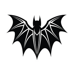 A symmetrical black bat silhouette design featuring intricate wing details on a clean white background.