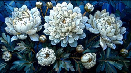 Stained glass mosaic of elegant white chrysanthemums with lush green leaves, set against a deep blue background.