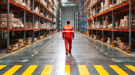 Warehouse worker walking down the center aisle of a large storage facility.