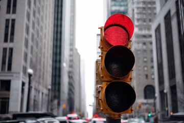Busy city street with a red traffic light signaling cars to stop during the day