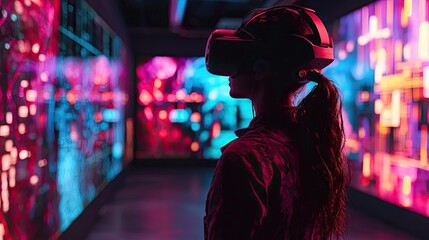 Silhouette of person wearing vr headset in vibrant digital art gallery.