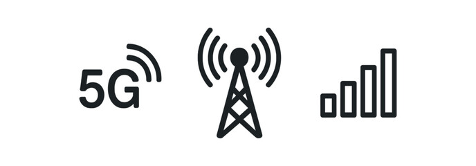 5g network tower signal icon set with wireless and connectivity symbols