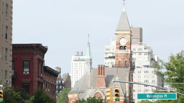 New York City street. Manhattan Greenwich village landmark, United States. Jefferson Market Library building architecture, Courthouse clock tower, 6 sixth Americas avenue, USA. Washington Pl road sign
