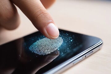 Finger touching smartphone screen for fingerprint authentication in a modern setting with digital effects