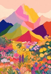 Vibrant mountain landscape with colorful flowers under pastel sky at sunset