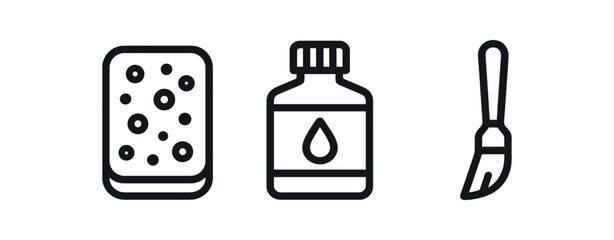 Fototapeta premium Art supplies icons: sponge, paint bottle, brush in minimalist black and white design