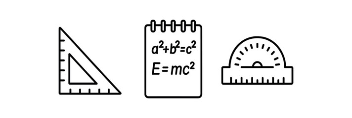 Obraz premium Mathematical instruments: triangle ruler, notebook, protractor icons in black and white