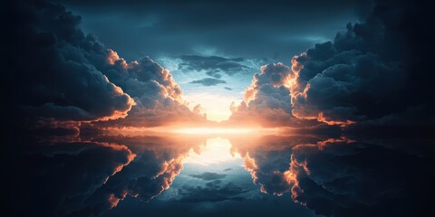 Dramatic clouds and vibrant sunset reflect over a calm water surface, creating a breathtaking and surreal natural scene.