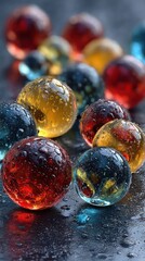 Colorful glass marbles with droplets on a dark surface create a captivating visual display in artistic arrangement