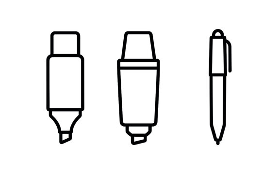Outline of three writing instruments: profile and front view of highlighters and pen