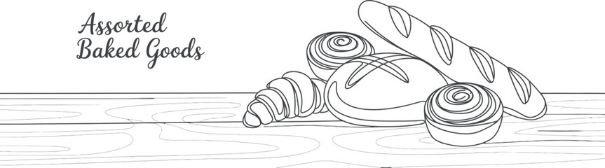 Assorted Baked Goods Line Art Illustration on Wooden Surface