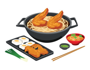 Set of Chicken Wing Ramen with Tofu and Sides - Vector Illustration