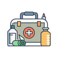 Fototapeta premium Military medical kit icon with various field supplies in flat style